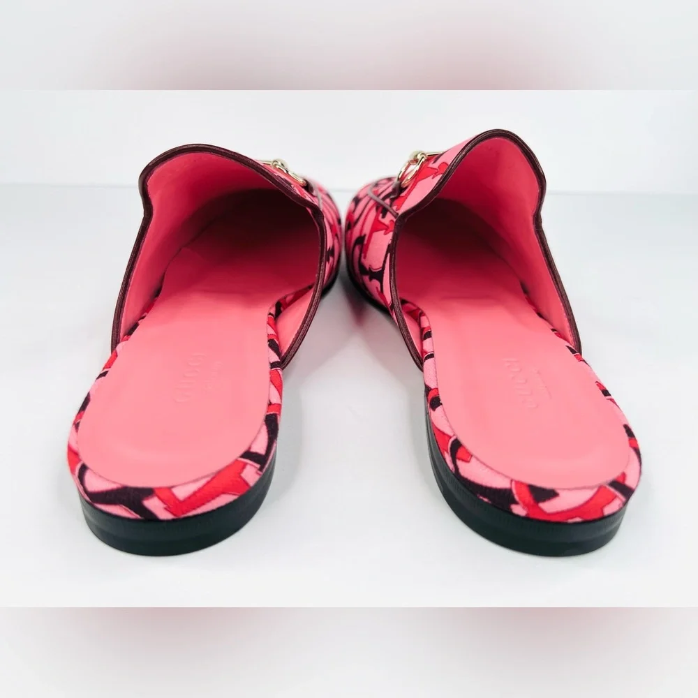 Gucci Princetown Horsebit Logo Print Pink Fabric Flat Loafer Mules Size EU 38.5 - Picture 7 of 12